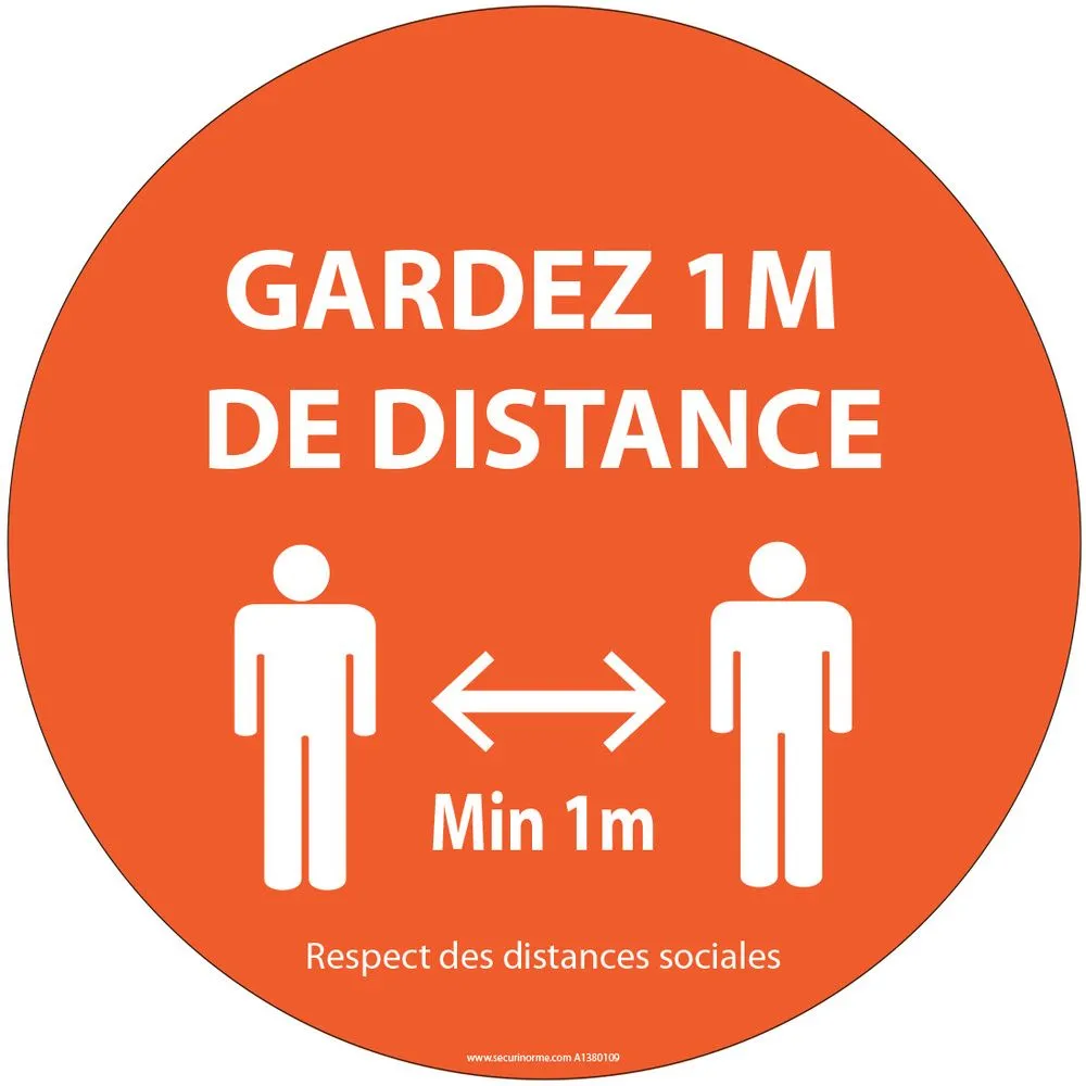 Autocollant Gardez 1m de distance orange vinyle Diam:100mm